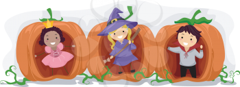 Illustration of Kids Playing inside Hollow Pumpkins