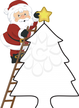 Illustration of Santa Claus Decorating a Christmas Tree