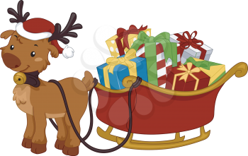 Illustration of a Reindeer Pulling a Sled Full of Gifts