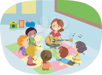 Illustration of Kids Listening to Their Teacher Play the Guitar