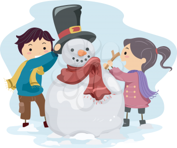 Illustration of Kids Making a Snowman 