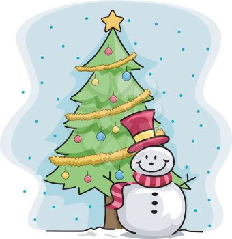 Illustration of a Snowman Standing Beside a Christmas Tree