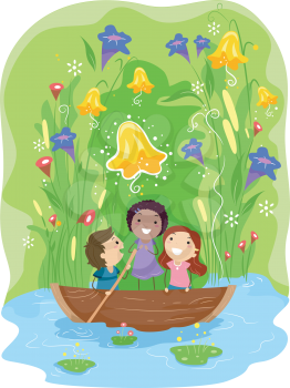 Illustration of Kids Paddling Their Way Through a Pond
