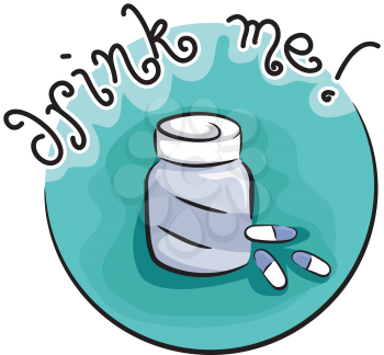 Icon Illustration Featuring Capsules and a Medicine Bottle