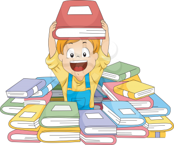 Illustration of a Kid Surrounded by Piles of Books