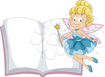 Illustration of a Fairy Hovering Beside a Book