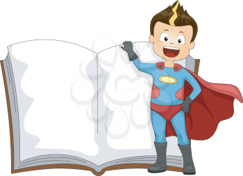Illustration of a Kid Dressed as a Superhero Standing Beside a Book