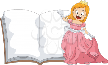 Illustration of a Girl Dressed as a Princess Standing Beside a Book