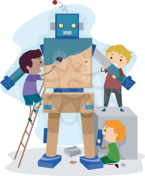 Illustration of Kids Building a Robot