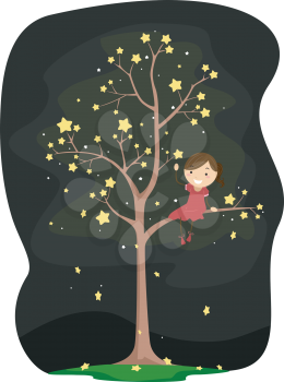 Illustration of a Kid Sitting on a Star Tree