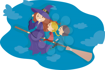 Illustration of Kids Riding a Broomstick