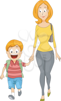 Illustration of a Mother Accompanying Her Kid to School