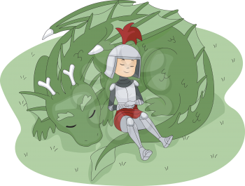 Illustration of a Knight Leaning Against a Dragon