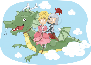 Illustration of a Knight and Princess Riding a Dragon