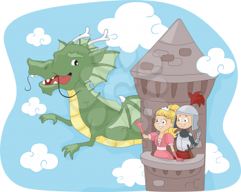 Illustration of a Dragon Passing by a Tower