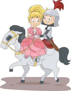 Illustration of a Knight and Princess Riding a Horse