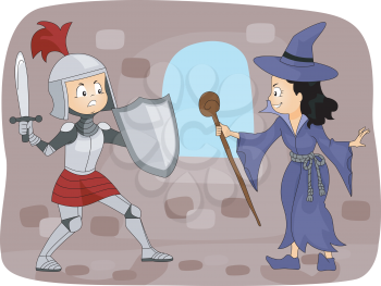 Illustration of a Knight Fighting a Witch