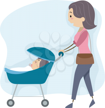 Illustration of a Mother Taking Her Baby for a Walk