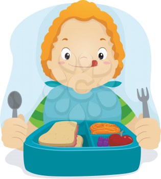 Illustration of a Kid Preparing to Eat His Lunch
