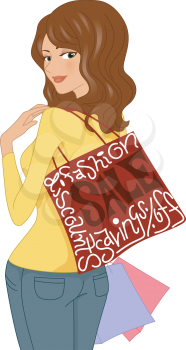 Illustration of Girl Carrying Items She Bought on Sale