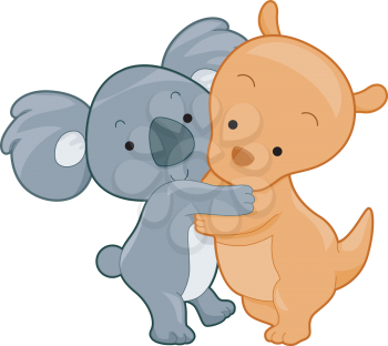 Illustration of a Koala and Kangaroo Hugging Each Other