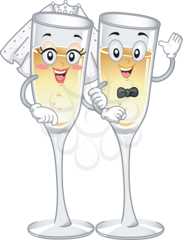 Mascot Illustration Featuring a Pair of Wineglasses Filled with Champagne