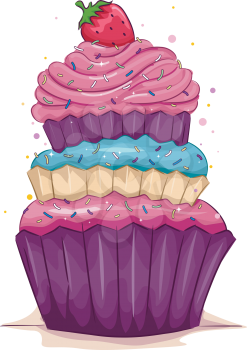 Illustration of a Multi-Layered Cupcake with a Strawberry on Top