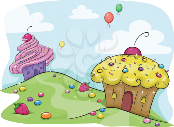 Illustration Featuring a Land Full of Cupcakes and Candies