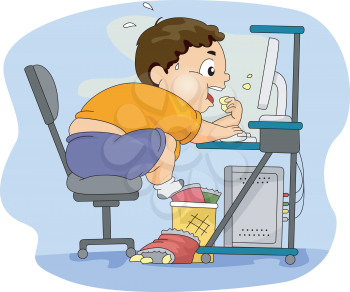 Illustration of an Overweight Boy Eating in Front of His Computer