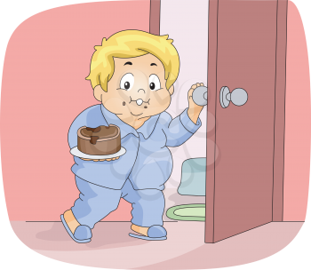 Illustration of an Overweight Boy Having a Midnight Snack