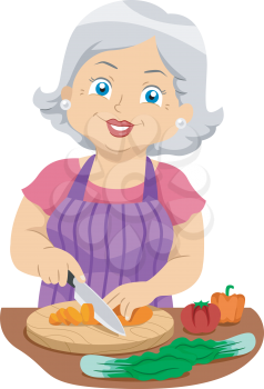Illustration Featuring an Elderly Woman Slicing Veggies