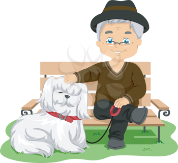 Illustration Featuring an Elderly Man Taking His Dog for a Walk