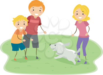 Illustration of a Family Playing with Their Dog