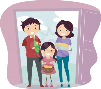 Illustration of a Family Carrying Housewarming Presents