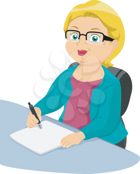 Illustration of a Businesslike Elderly Woman Writing on a Piece of Paper