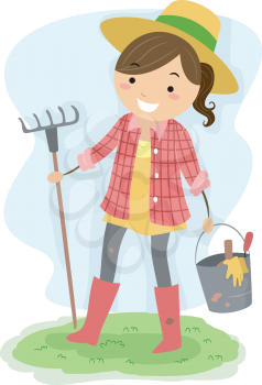 Illustration of a Girl Carrying Gardening Tools