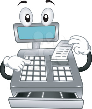 Mascot Illustration Featuring a Cash Register Printing a Receipt