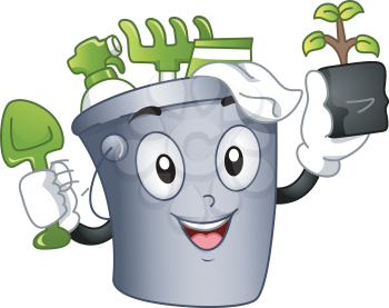 Mascot Illustration Featuring a Bucket Full of Gardening Tools