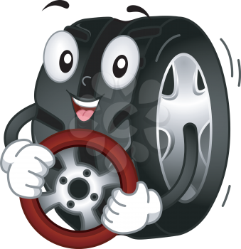Mascot Illustration Featuring a Tire Holding a Steering Wheel