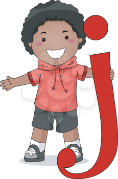 Illustration of a Kid Standing Beside a Letter J