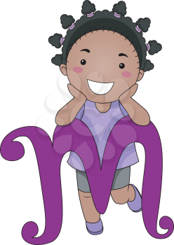 Illustration of a Kid Leaning on a Letter M