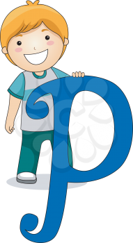 Illustration of a Kid Standing Behind a Letter P