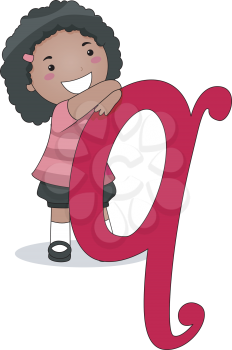Illustration of a Kid Leaning on a Letter Q