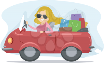 Illustration of a Girl Driving a Car Full of Shopping Bags