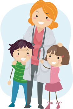 Illustration of Children Clinging on to a Pediatrician
