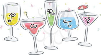 Text Illustration Featuring Glasses Printed with Letters that Spell the Word Party