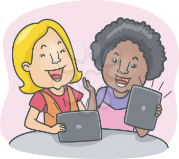 Illustration of Girls Using Tablet Computers