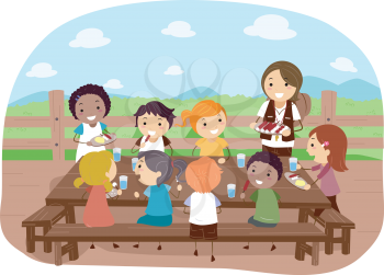 Illustration of Campers Eating Together