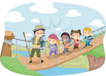 Illustration of Campers Crossing a Hanging Bridge