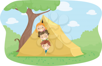 Illustration of Campers Peeking from Behind a Tent
